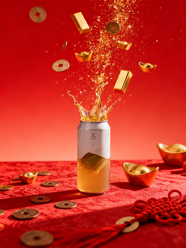 主体是向图示商品中倾倒金色液体，瓶口飞溅出铜钱、金元宝、金条等元素；底部铺红色纹理桌布，点缀散落的铜钱、金元宝及红色中国结绳；背景为渐变正红底色，叠加金色闪粉增强氛围感。