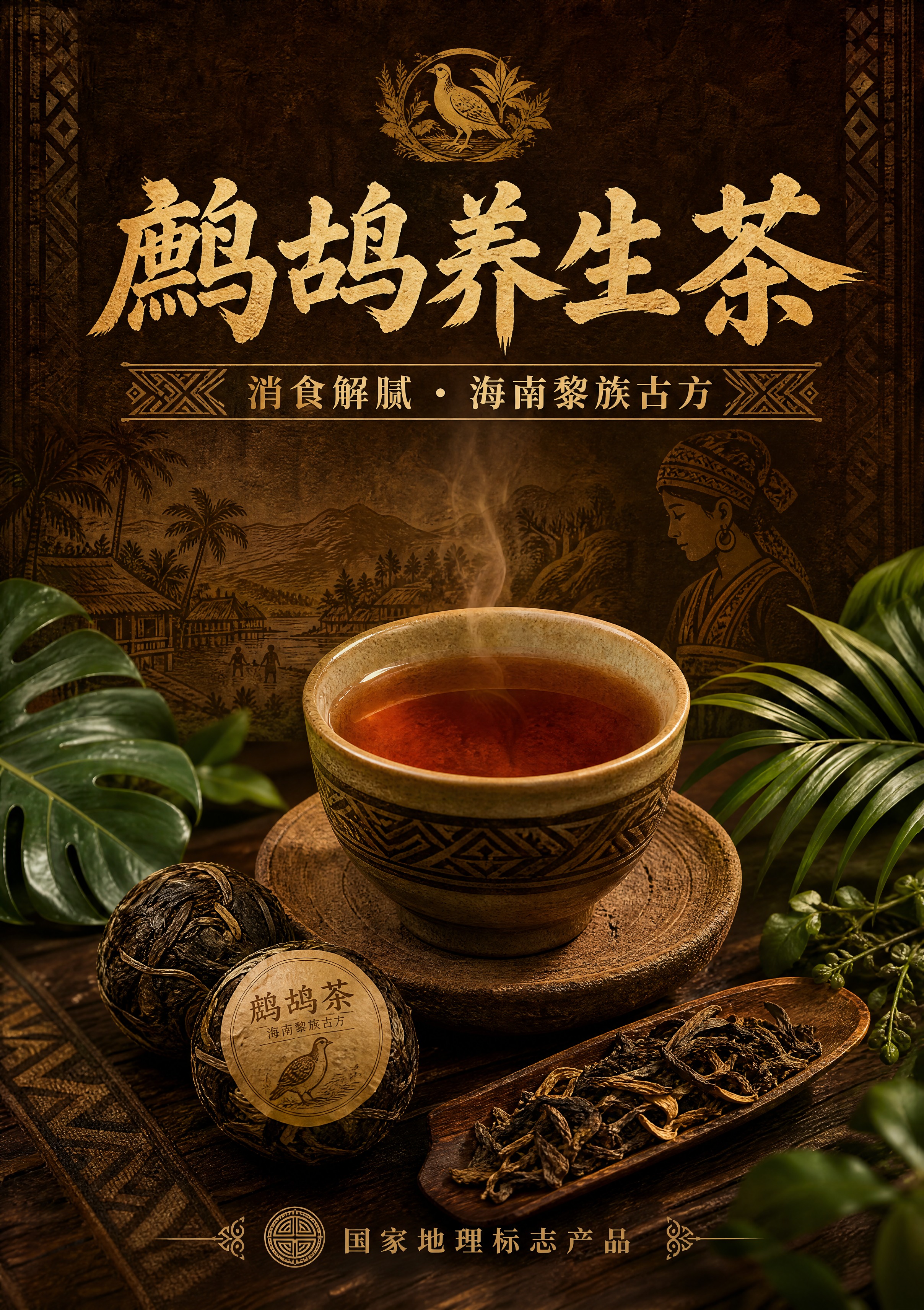 设计一张A5竖版茶品介绍立牌正面，鹧鸪养生茶专属海南黎族古方风… - 图片创意预览