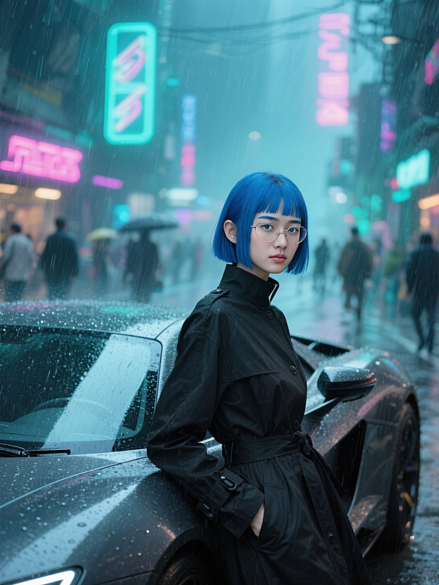 女生，蓝色齐刘海短直发，蓝色眉毛，穿立领黑色风衣，靠在一辆超扁跑车上；雨天，繁华的赛博街区，行人，霓虹招牌投影，赛博朋克冷调青色渐变，大光圈虚化