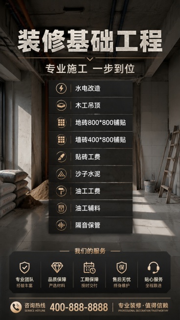 水电改造 木工吊顶 地转800*800 墙砖400*800 贴砖工费 沙子水泥 油工工费 油工辅料 隔音保管预览效果