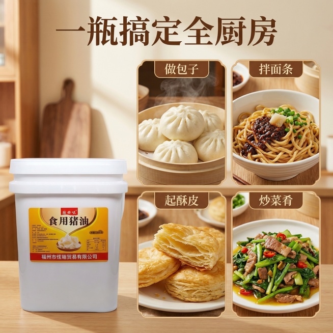 [主图主题] 食用猪油多用途核心卖点展示主图
[氛围/风格] 中式家常烟火、朴实温暖，自然暖光氛围
[画面元素] 原图猪油桶放置在画面左侧，右侧分四个小区域拼图展示猪油的不同用途：蒸好的暄软包子、筋道预览效果