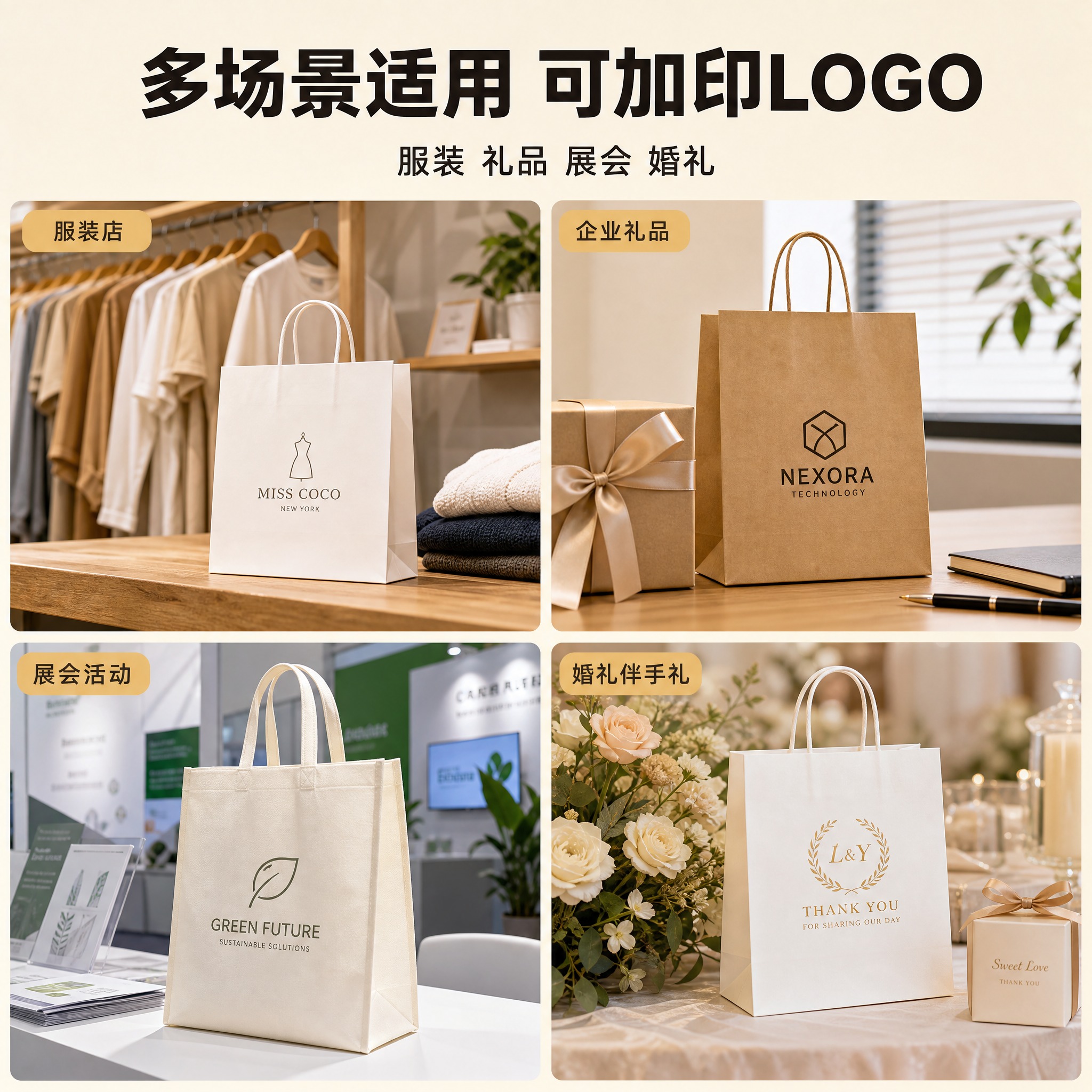 [主图5] 适用场景图：展示定制手提袋在多种生意场景中的真实使… - 图片创意预览