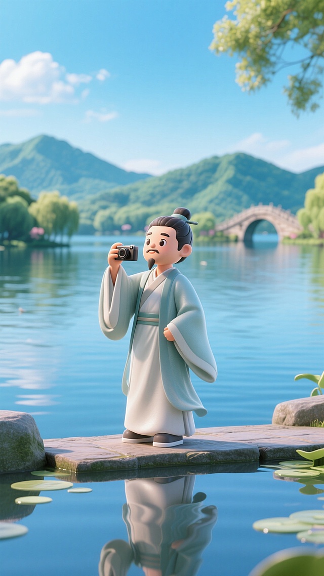 青年诗人苏轼，古代服饰，站在湖边拍照，背景是杭州西湖景观