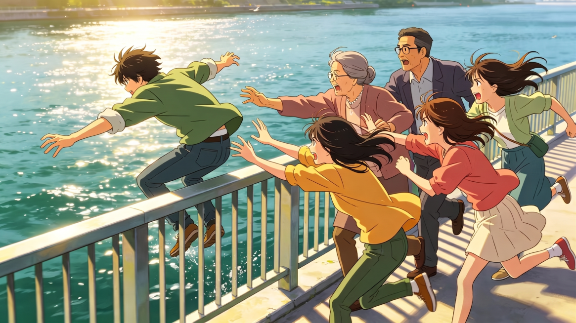 去除右下角的“豆包AI生成”水印，保持原图内容、风格和画质不变，原图是河边护栏旁一家人伸手挽留即将跨过栏杆的年轻男子的吉卜力风格动画预览效果