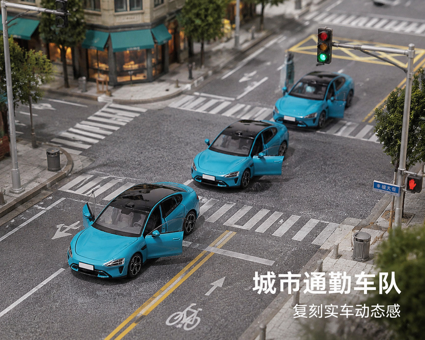 2-3辆同系列蓝色合金车，在微缩城市十字路口场景，搭配街景建筑… - 图片创意预览
