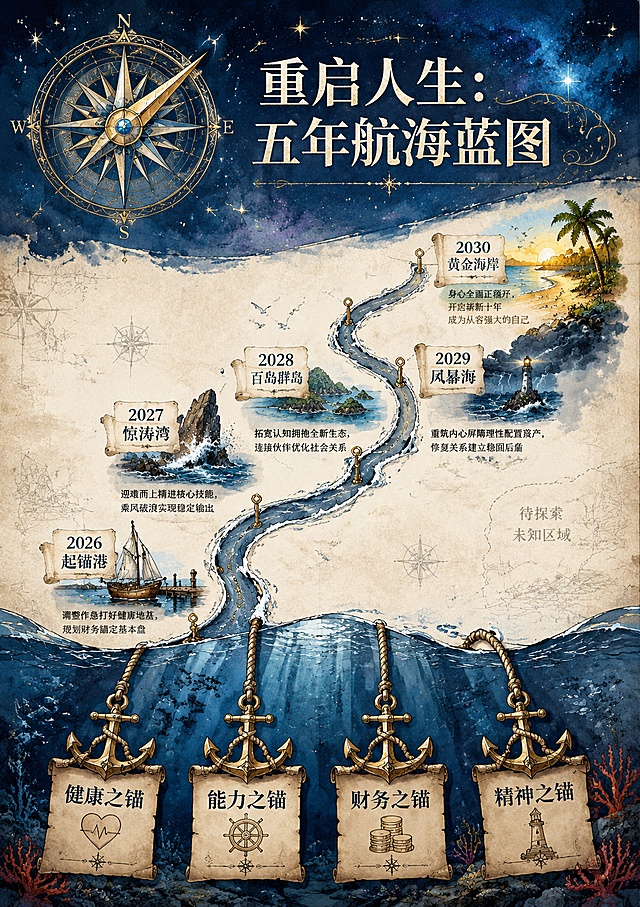 手绘插画风格的A4纵向海报，主题为重启人生五年航海蓝图。顶部占画面20%，星海背景搭配华丽手绘罗盘，指针指向右上方，罗盘背景点缀浅蓝色星空，主标题写"重启人生：五年航海蓝图"，使用优雅衬线字体。中部占画面50%，一条蓝灰色波浪起伏的航海线从下至上贯穿中线，海面下有隐约鱼群和暗礁，海面上有五个标注年份的停靠点：2026起锚港画停泊的小船，配文"调整作息打好健康地基，规划财务锚定基本盘"；2027惊涛湾画海浪拍打礁石，配文"迎难而上精进核心技能，乘风破浪实现稳定输出"；2028百岛群岛画散落群岛，配文"拓宽认知拥抱全新生态，连接伙伴优化社会关系"；2029风暴海画风暴中的灯塔，配文"重筑内心屏障理性配置资产，修复关系建立稳固后盾"；2030黄金海岸画金色沙滩和棕榈树，配文"身心全面正循环，开启崭新十年成为从容强大的自己"。底部占画面30%，深海区域画四个巨大船锚图标，分别标注"健康之锚"、"能力之锚"、"财务之锚"、"精神之锚"，每个锚连接粗绳支撑上方航海线。文字写在羊皮卷质感航海日志上，虚线标注待探索未知区域，画面留白充足有呼吸感。主色调为深海蓝和活力金，辅助色白色，点缀珊瑚红，整体深邃而充满希望，版式精美，超高清画质。