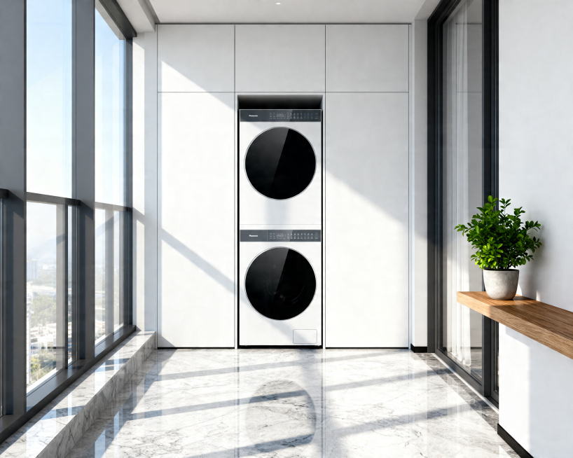 A hyper-realistic interior photography of a modern minimalist balcony. The Panasonic washer and drye预览效果