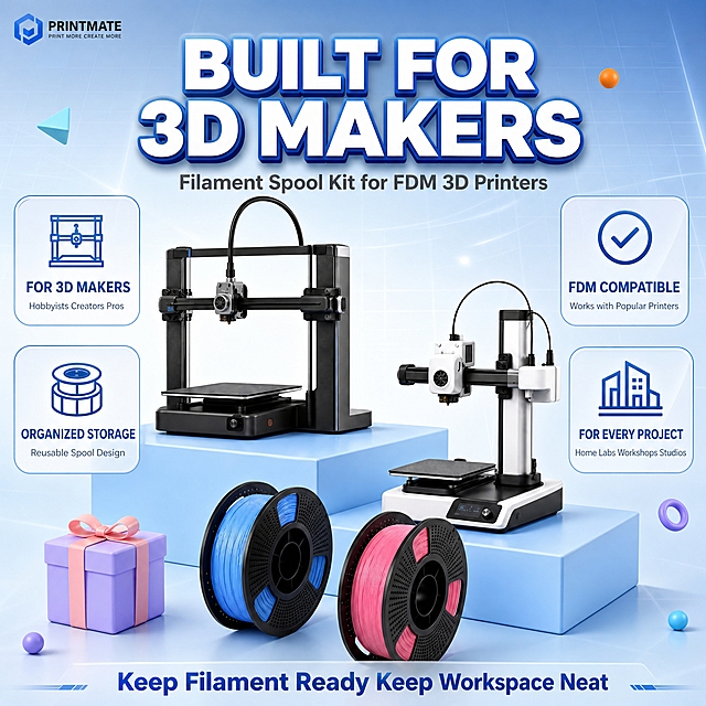 [单张主图] 3D打印机耗材线轴套装（含2台FDM 3D打印机 + 蓝/粉双色可重复使用线轴），跨境亚马逊电商主图，1:1比例，走爆款促销感主图路线，核心目标是3秒内传达「3D打印耗材收纳解决方案」「为3D创作者打造」「兼容主流FDM打印机」「可重复使用线轴」四大核心卖点，同时保持产品外观、结构、颜色、材质与输入产品图完全一致。

[画面主体] 画面中下部为产品主视觉，包含2台FDM 3D打印机（左侧黑色大型机、右侧白黑配色小型机）和前景2个可重复使用线轴（蓝色线轴、粉色线轴），产品整体占画面约55%-60%。产品角度为略微仰视的3/4视角，打印机完整展示机身、打印头、热床、导轨结构，线轴完整展示黑色镂空线轴架和缠绕的PLA耗材丝。必须严格保持输入图中产品的外观、颜色、结构、比例、材质纹理一致，不得改变打印机造型、线轴镂空结构、耗材颜色。

[构图版式] 采用「顶部大标题型」爆款版式，标准三段结构：顶部25%-30%区域放主标题和4个卖点图标组；中部50%-55%区域放产品主体，产品置于浅蓝渐变立体台面上，有自然投影；底部15%-20%区域放一行核心结论标语和品牌位。整体信息层级清晰：主标题 > 卖点图标组 > 产品主体 > 底部标语。

[场景元素] 背景为干净的浅蓝到浅灰渐变科技感背景，带有细微网格线和柔和光晕，营造专业3D打印科技氛围。产品放置在两层浅蓝色立体展示台上（与参考图台面风格一致但更简洁），台面有柔和阴影和反光。画面左右两侧点缀少量几何装饰元素（浅蓝色三角、紫色圆环、橙色小球），体量小不抢主体，呼应3D打印创意主题。左上角安全区预留小型品牌标识位。

[文案版式] 所有可见文字均为英文，字体使用现代无衬线粗体，字重对比强烈，主标题最大最醒目。
顶部居中主标题（大号白色粗体，带轻微蓝色描边或投影）："BUILT FOR 3D MAKERS"
主标题下方一行副标题（中号浅灰色）："Filament Spool Kit for FDM 3D Printers"
产品四周均匀分布4个圆角矩形卖点卡片，每个卡片含一个简洁线稿图标 + 一行短标题，卡片为半透明白色底 + 浅蓝色描边：
1. 左上卡片 图标：3D打印机轮廓 文字："FOR 3D MAKERS" 下方小字："Hobbyists Creators Pros"
2. 右上卡片 图标：兼容对勾符号 文字："FDM COMPATIBLE" 下方小字："Works with Popular Printers"
3. 左下卡片 图标：收纳整理图标 文字："ORGANIZED STORAGE" 下方小字："Reusable Spool Design"
4. 右下卡片 图标：工作室建筑图标 文字："FOR EVERY PROJECT" 下方小字："Home Labs Workshops Studios"
底部居中一行强调标语（中号蓝色粗体）："Keep Filament Ready Keep Workspace Neat"

[光影质感] 商业产品摄影质感，主光从左上方45度照射，产品右侧有柔和补光，底部有自然接触阴影和台面微弱反光。打印机机身金属质感、塑料外壳哑光质感、线轴镂空结构的明暗关系、耗材丝的缠绕纹理均需真实表现。整体光影干净利落，科技感强，无杂乱阴影。

[配色字体] 主色调：浅蓝 + 深灰 + 白色；辅助色：产品本身的蓝色耗材、粉色耗材作为画面色彩点缀；强调色：科技蓝。字体统一使用现代无衬线字体，主标题粗黑醒目，副标题中等字重，卖点卡片标题中等粗体，说明文字细体。字号层级：主标题 > 卖点标题 > 副标题 > 底部标语 > 卖点说明小字。

[比例分辨率] 1:1正方形比例，2K分辨率，文字清晰锐利可辨，产品细节清晰。

[负向提示词] 产品变形、结构错误、打印机造型失真、线轴形状改变、颜色偏差、文字模糊、错字、伪Logo、水印、平台Logo、边框、杂乱背景、多余人物、悬浮产品、穿模、低清晰度、过度锐化、廉价塑料感