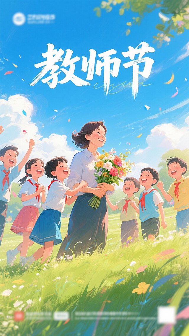 教师节插画主题海报 老师怀抱着鲜花， 学生围在老师身边 每个人脸上都漏出开心的笑容 背景在户外 蓝天白云青草地 画面上写着“教师节”