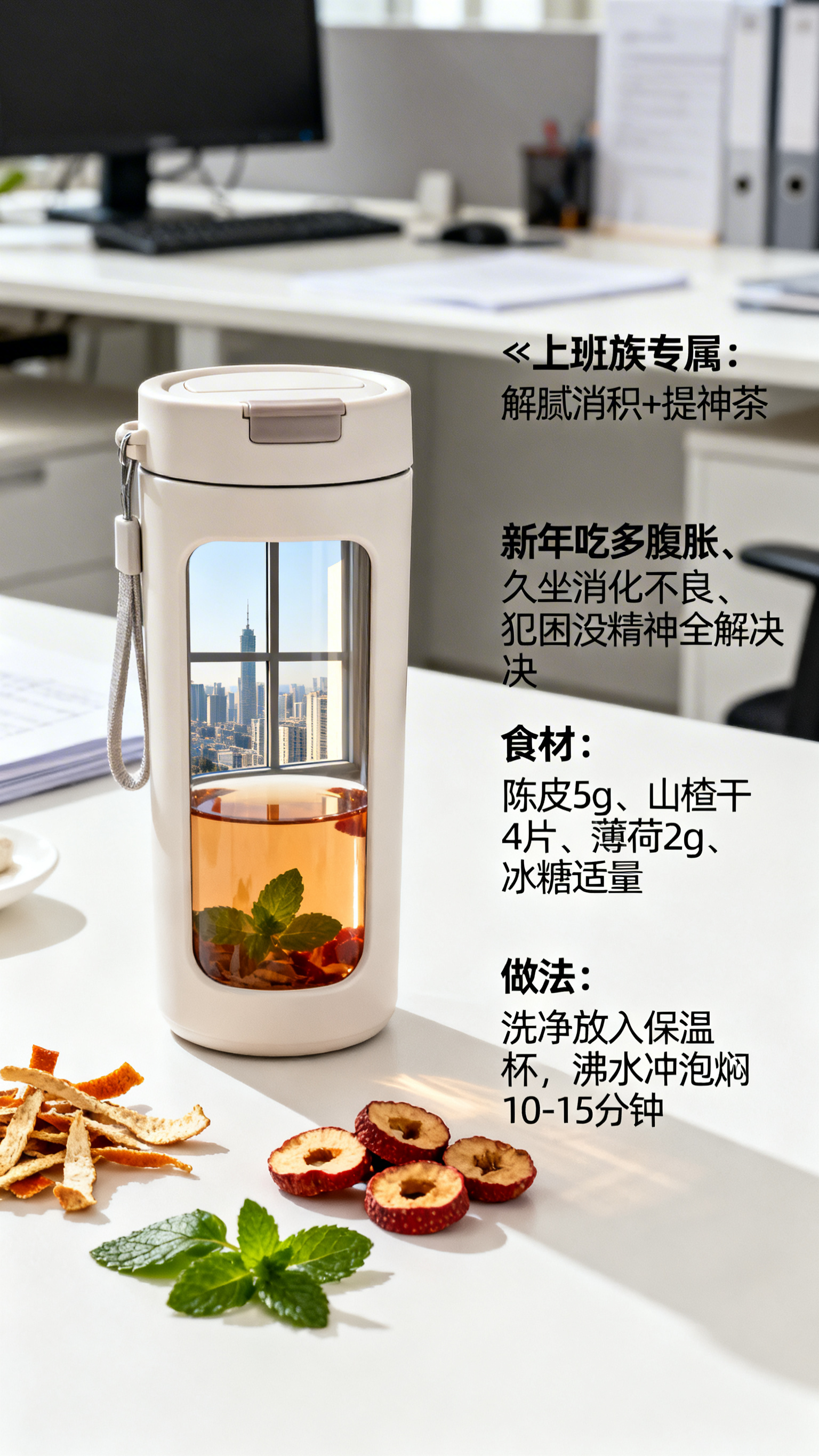 一杯装有陈皮山楂薄荷茶的简约保温杯，杯身映出办公窗外的城市光影… - 图片创意预览