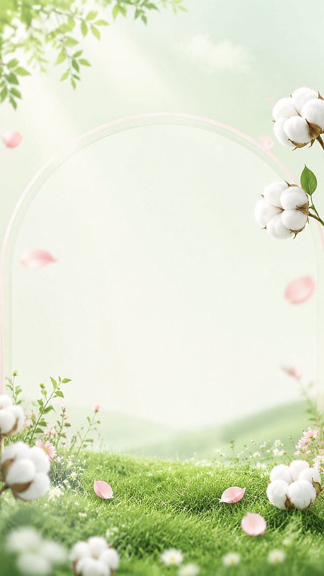 生成一张适合卫生巾产品展示的清新自然背景图，主色调为浅绿和淡粉色，体现天然纯棉、温和呵护的主题，带有草地、棉花元素，干净清新，中间预留产品展示区域，整体风格干净柔和