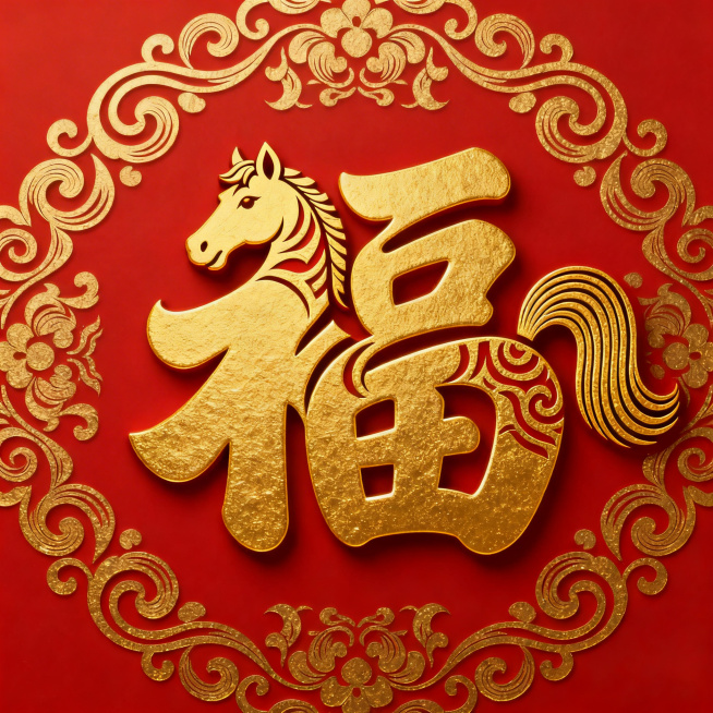 春节马年主题，红底配金色卷草马纹，福字的示字旁设计为马头造型，融入马尾巴元素，金色福字创意夸张预览效果