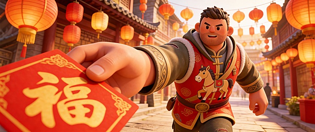 软3D国潮风，卡通角色手持“福”字春联，红灯笼映衬古街，喜庆中式年味十足。