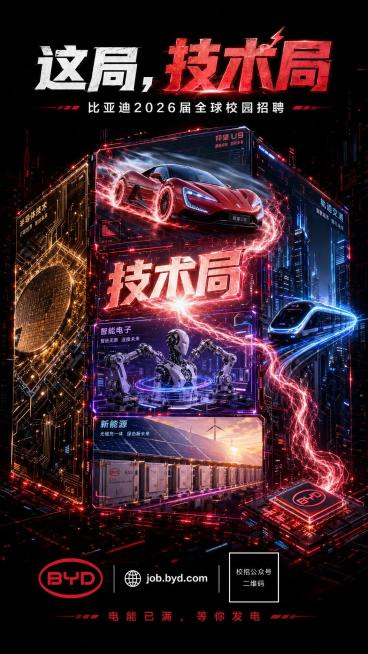 比亚迪2026届全球校园招聘竖版海报，主标题文字"这局，技术局"，副标题文字"比亚迪2026届全球校园招聘"。画面主体是一个巨大的三维科技立方体矩阵，由多个发光模块拼合而成：正面顶部是比亚迪汽车U9破预览效果