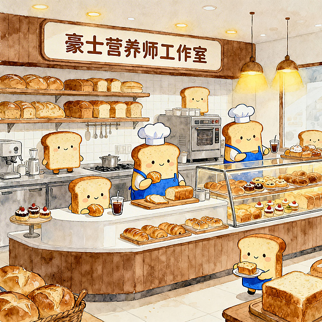 治愈系暖色调手绘插画，现代化面包店，面包店招牌写着"豪士营养师工作室"。室内场景，圆滚滚的拟人化四方形面包片穿着蓝色围裙和厨师帽，在柜台后忙碌制作面包，有的拿着面包、有的端着饮品，货架和展示柜里摆满各种面包、吐司和甜点，暖黄灯光，柔和的水彩质感，可爱Q版画风，线条圆润，细节丰富，温馨治愈，整体色调为暖棕+奶油白，充满烟火气和幸福感
