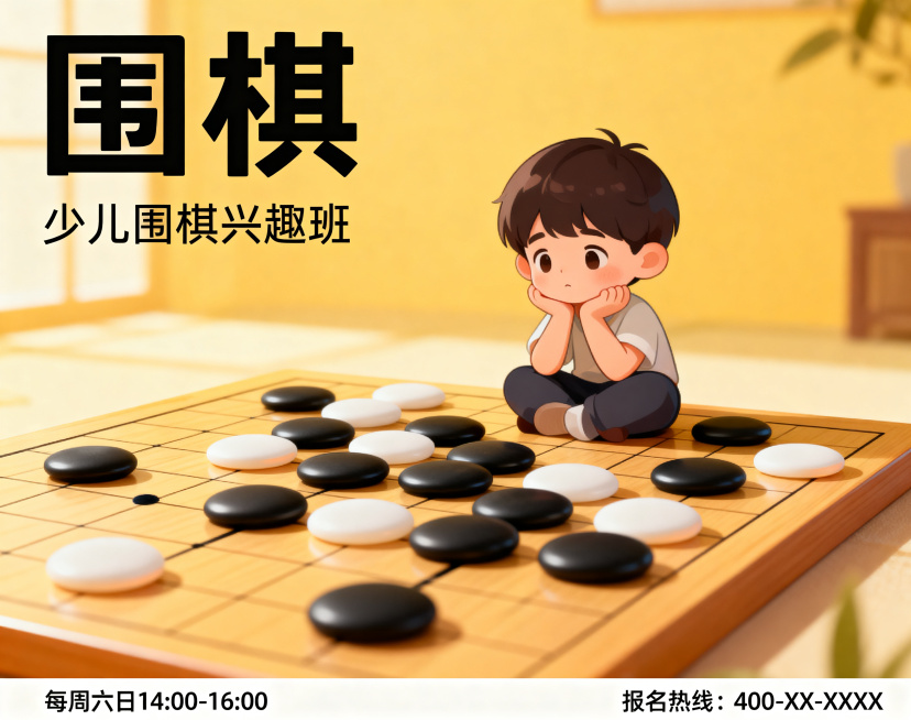 儿童艺术培训系列宣传海报，围棋主题，画面包含可爱儿童和围棋棋盘棋子元素，顶部有醒目标题文字“围棋”，整体风格统一温馨，适合少儿兴趣班宣传，和前三张主题图为同一系列预览效果