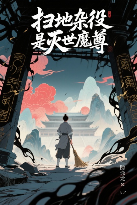 制作一个仙侠小说封面，书名是：”扫地杂役是灭世魔尊”，笔名”隐逸龙02“预览效果