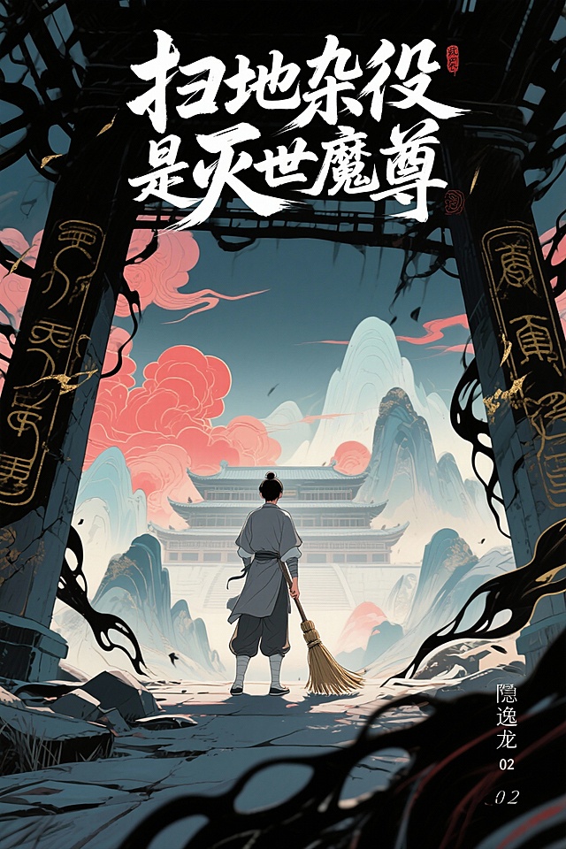 制作一个仙侠小说封面，书名是：”扫地杂役是灭世魔尊”，笔名”隐逸龙02“