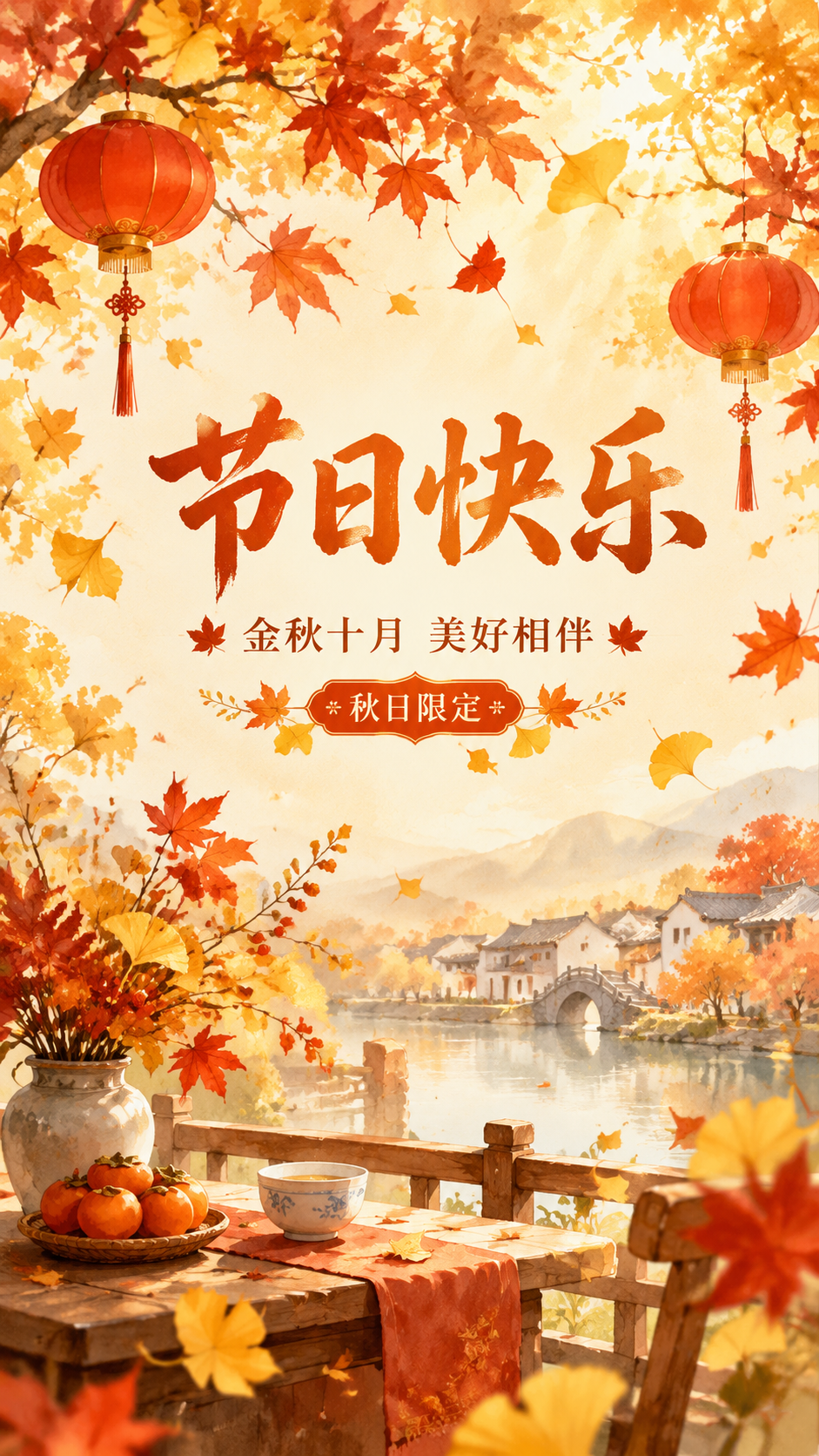 秋日氛围的节日祝福海报，手绘水彩风格，温暖治愈。画面主视觉为秋… - 图片创意预览