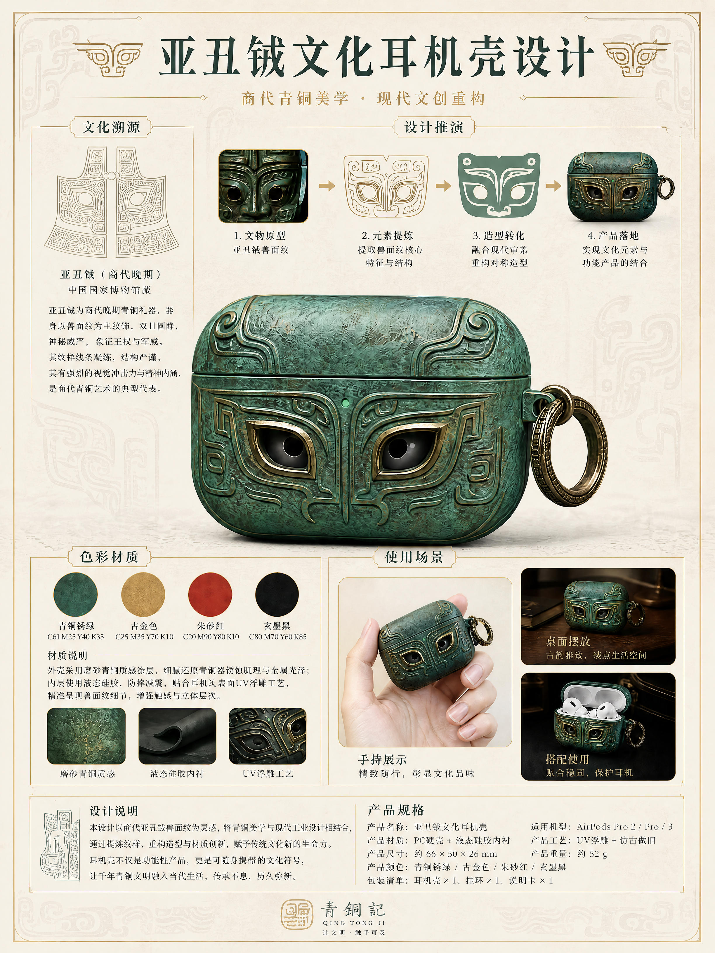 在原有亚丑钺文化耳机壳设计展板基础上修改： 1. 底色改为宣纸… - 图片创意预览