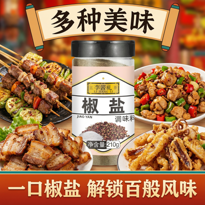 这张图片中的产品是椒盐调味料，我在拼多多卖这款产品，请帮我设计20张拼多多主图
主图文案要求：配料干净，咸淡适中，净含量210g，做菜口感味道好，烧烤撒料，火锅蘸料，油炸搭档，粉质细腻，海鲜/干锅/炒预览效果