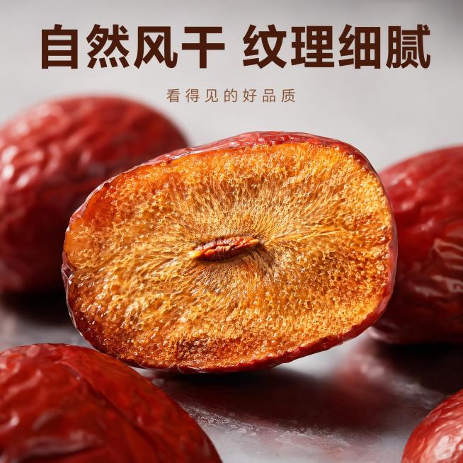 [主图-3] 新疆大枣微距细节特写图。
[氛围风格] 微距质感，突出产品真实纹理和优质品质
[画质] 超高清微距细节，商业摄影质感，清晰锐利
[元素] 画面中心放大展示一颗切开一半的新疆大枣横截面，微预览效果