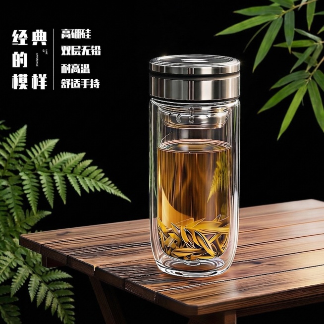 保持玻璃杯整体结构、杯内茶叶形态完全不变，更换为纯黑色简约主题背景，背景点缀绿植营造雅致氛围，将左侧文字放大两个号，清晰醒目，升级双层玻璃通透度，透过玻璃和茶水可清晰看到后方场景，大师级灯光效果，玻璃预览效果