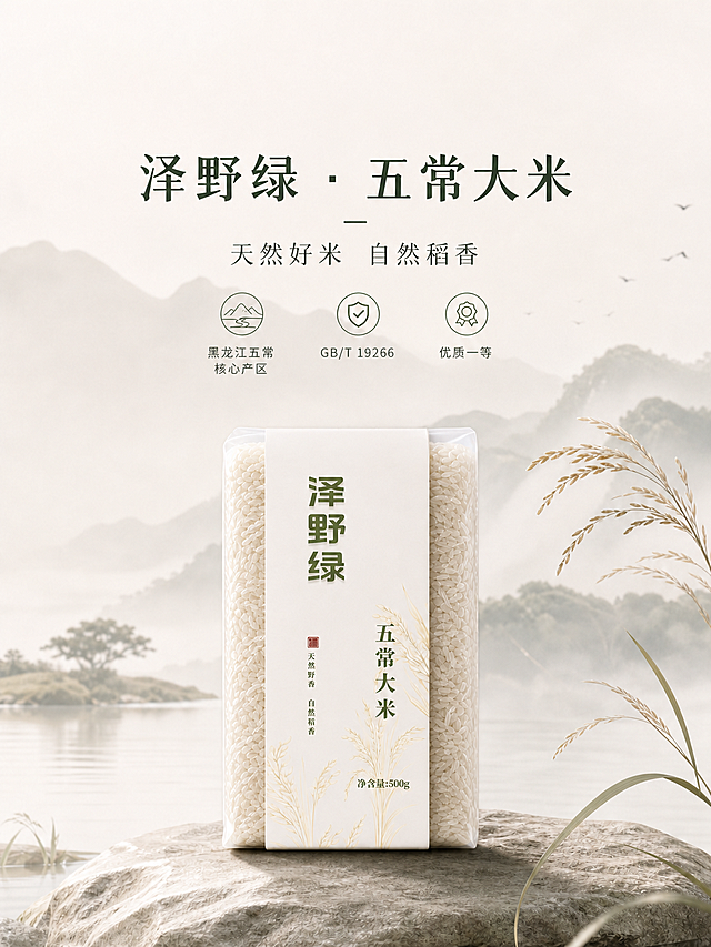 保留画面所有背景、文字、排版不变，1. 增强产品光影对比，增加包装和石块的投影，提升整体立体感；2. 将真空包装内的米粒修改成长粒形状，替换当前圆形米粒，保持包装外观轮廓不变，透视光影和原图保持一致，自然真实