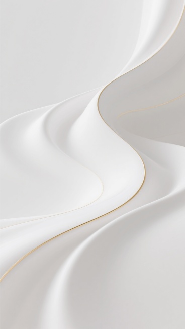 极简主义风格的白色背景，纯净的白色作为主色调，点缀极少的暖金色线条。画面中流动的白色曲面形态，具有柔和的曲线和光滑的质感，仿佛丝绸般飘逸。暖金色线条勾勒出曲面的边缘，形成优雅的轮廓。整体构图采用不对称的排版设计，曲面元素在画面中呈现出动态的流动感，营造出轻盈、高级、宁静的氛围。光线柔和均匀，强调曲面的立体感和光滑的材质，没有明显的阴影和高光对比。预览效果