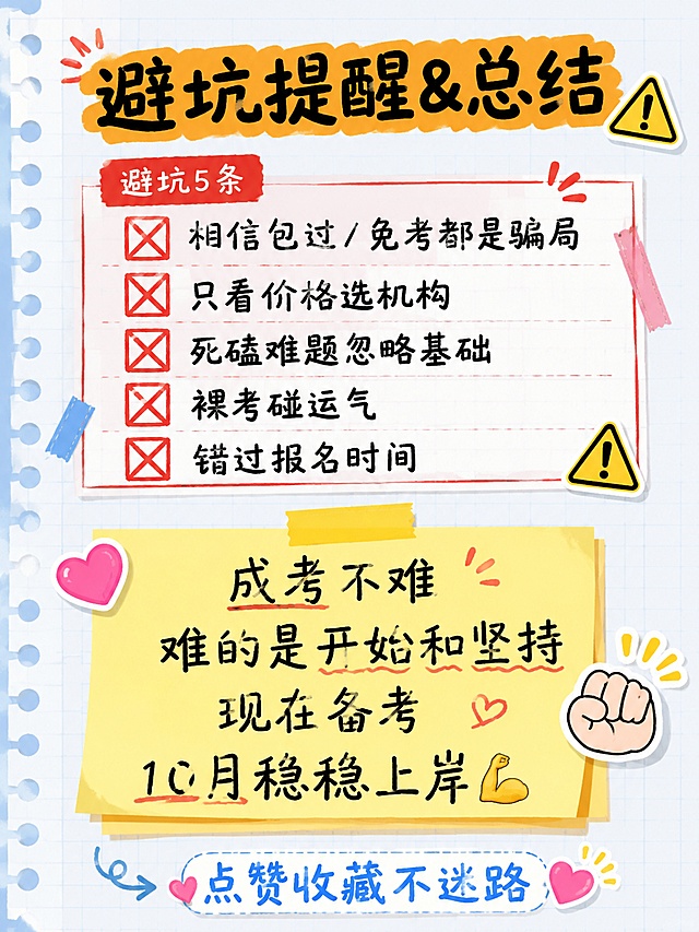 小红书笔记详情页，手账拼贴风格，浅蓝色笔记纸网格纹理背景，与封面风格统一。顶部大标题用马克笔手写粗体字写着「避坑提醒&总结」，标题有橙色高亮底。上半部分是「避坑5条」，用红色警示框和叉号列出：「❌ 相信包过/免考都是骗局」「❌ 只看价格选机构」「❌ 死磕难题忽略基础」「❌ 裸考碰运气」「❌ 错过报名时间」。下半部分是鼓励语，用一个大大的黄色便签纸写着「成考不难 难的是开始和坚持 现在备考 10月稳稳上岸💪」。底部有「点赞收藏不迷路」的可爱手写体。整体风格：手账笔记风、马克笔手写、便签拼贴、胶带装饰。装饰：警示三角emoji、加油拳头emoji、爱心贴纸。画面比例3:4，4K，高清细腻，文字清晰可读。