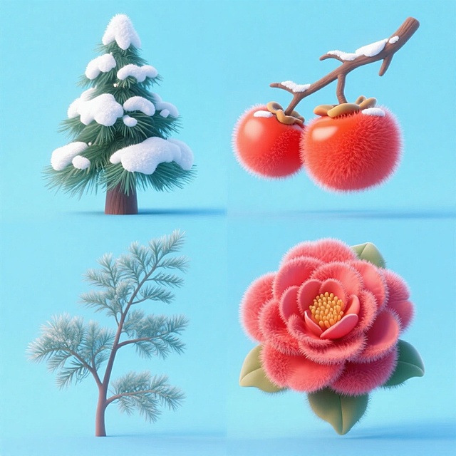 4个冬季植物元素，分别是雪杉、柿子、文竹、茶花。上下两行对齐排列，浅蓝色纯色背景。