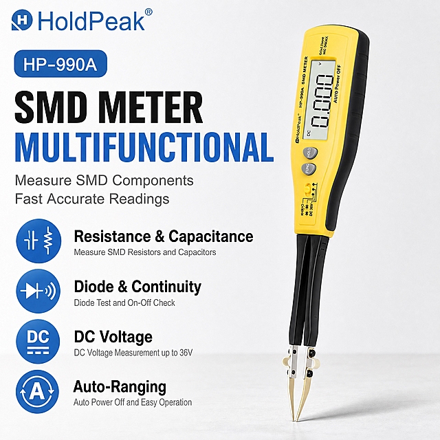 [单张主图] HoldPeak 笔式 SMD 万用表 HP-990A，跨境亚马逊 1:1 爆款信息型主图，复刻参考图 3 的左文右品版式，替换为当前 SMD 镊子万用表产品与卖点，目标是 3 秒内讲清品类、核心功能与专业感。

[参考比对] 参考图 3 的版式特征：左上品牌 Logo + 型号胶囊标签，左侧上半区超大两行主标题（黑+品牌蓝），主标题下方一行短副文案，再往下 4 组圆形蓝色图标 + 右侧标题与说明文字的卖点列表；右侧为产品大主体立姿展示，占画面约 50%-55%；整体白底/极浅灰背景，干净克制，信息密度高但层级清晰，五金测量仪器专业感。生成时严格沿用该左文右品骨架，只替换产品为 SMD 镊子万用表、替换文案与图标为 SMD 表相关功能。

[画面主体] 右侧主体为 HoldPeak 笔式 SMD 万用表（镊子式贴片元件测试仪），产品外观、颜色、结构、按键、显示屏、金色探针、黑色握柄、黄色机身、HoldPeak 品牌印刷均与输入产品图完全一致；产品呈微侧立姿，略微向右倾斜，显示屏朝向左前方，屏幕显示清晰数字，探针尖端自然朝下，主体占画面约 50%-55%，位于画面中右区域，不被文字遮挡关键结构；产品下方有柔和接触阴影，自然落在浅灰台面上，无悬浮感。

[构图版式] 采用「左文右品标签参数型」（参考图 3 同款骨架）：左上品牌位，左侧 40%-45% 区域承载型号、主标题、副文案、4 组功能卖点；右侧 50%-55% 为产品大主体；整体满版但留白干净，信息分组清晰，符合亚马逊跨境主图信息图风格。

[场景元素] 背景为极浅灰到白色的干净渐变，底部有极淡台面承托产品；左侧卖点区使用 4 个蓝色圆形图标（与参考图 3 同款样式），图标内为对应功能的白色线稿符号；左上角 HoldPeak Logo 与产品图上的 Logo 字形、颜色、比例一致；型号标签为蓝色圆角胶囊；无多余装饰、无水印、无平台 Logo、无中文。

[文案版式] 全部上图文字为英文，字体为粗黑无衬线 + 常规无衬线，主标题最大、卖点标题次之、说明文字最小；文字均放在左侧负空间，不遮挡产品主体。
具体文案如下：
- 左上：HoldPeak Logo（蓝色，与产品一致）
- Logo 下方蓝色圆角胶囊：HP-990A
- 主标题（两行，第一行黑色粗体，第二行品牌蓝色粗体）：
  SMD METER
  MULTIFUNCTIONAL
- 主标题下方副文案（灰色常规字，两行）：
  Measure SMD Components
  Fast Accurate Readings
- 下方 4 组圆形蓝色图标 + 右侧文字（从上到下）：
  1) 电阻/电容符号图标 + 标题：Resistance & Capacitance + 说明：Measure SMD Resistors and Capacitors
  2) 二极管符号图标 + 标题：Diode & Continuity + 说明：Diode Test and On-Off Check
  3) 直流电压符号图标 + 标题：DC Voltage + 说明：DC Voltage Measurement up to 36V
  4) 自动量程符号图标 + 标题：Auto-Ranging + 说明：Auto Power Off and Easy Operation

[光影质感] 商业产品摄影质感，主光从左前方 45° 打来，产品边缘高光清晰，黄色机身有细腻塑料质感，黑色握柄有轻微哑光纹理，金属探针有锐利高光，显示屏有玻璃反光；产品底部有柔和接触阴影；整体明亮干净，五金测量仪器专业感，避免过暗工业风。

[配色字体] 主色：品牌蓝（与 HoldPeak Logo 一致的蓝色）+ 黑色 + 白色；辅助色：浅灰背景；强调色：品牌蓝用于标题第二行、圆形图标、型号胶囊；字体：主标题粗黑无衬线，说明文字常规无衬线，字重对比明确，无衬线统一，不混用手写体或衬线体。

[比例分辨率] 1:1，2048px*2048px，2k 高清，文字清晰可辨，产品细节锐利。

[负向提示词] 产品变形、结构错误、探针穿模、按键错位、Logo 错字、文字模糊、伪 Logo、水印、平台 Logo、中文文字、边框、杂乱背景、悬浮感、脏污、划痕、多余手指、畸形手、人物面部、夸张促销词、Best、No.1 等极限词、低清晰度、主体被文字遮挡。