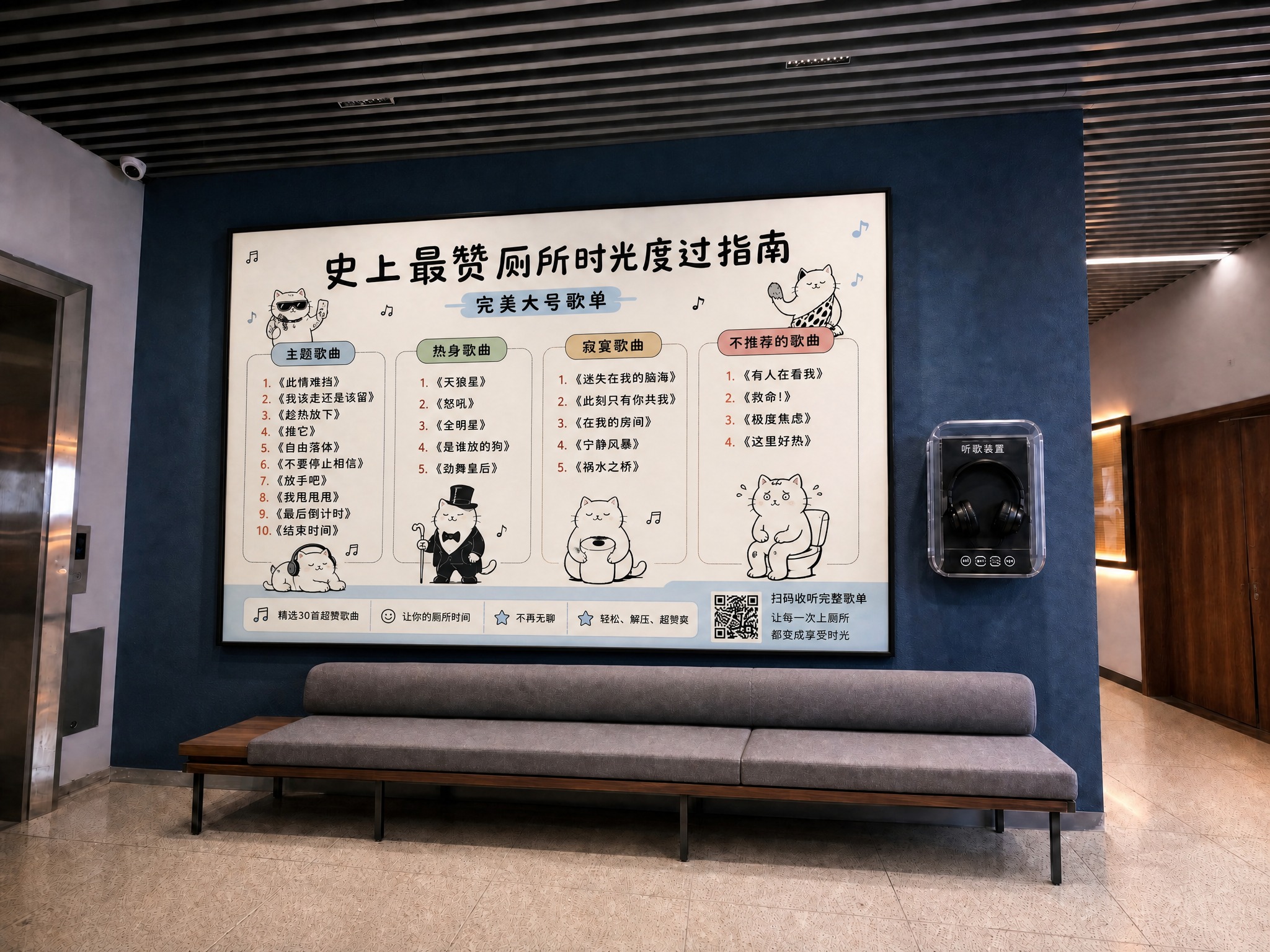 基于这张真实室内场景图，修改墙上大幅歌单海报的内容，保留主标题… - 图片创意预览