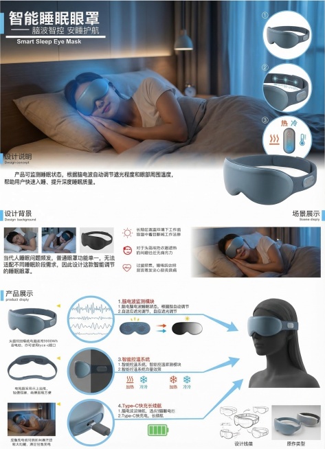 仿照参考海报的版式，设计智能睡眠眼罩的产品介绍海报，海报标题为「智能睡眠眼罩」，副标题为「脑波智控 安睡护航」，英文标注为"Smart Sleep Eye Mask"。顶部主视觉区展示人佩戴该眼罩在舒预览效果