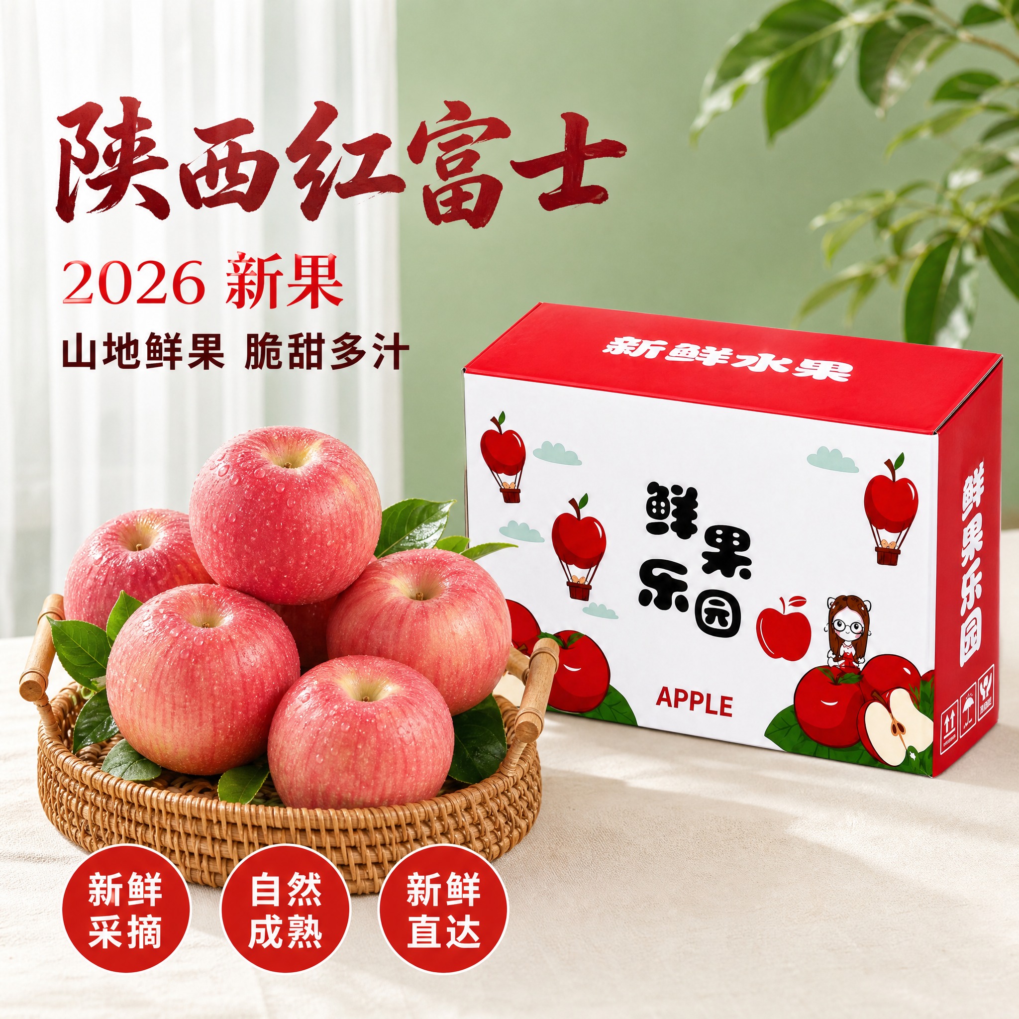 [主图-15] 彩箱斜靠 + 藤篮苹果款，陕西红富士苹果京东电… - 图片创意预览