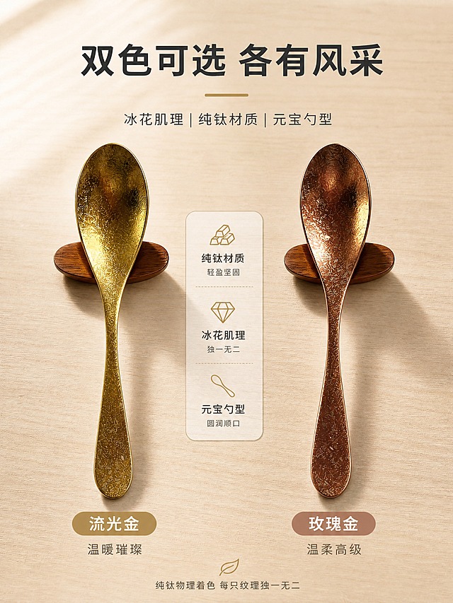 [商品] 使用【图2】【图3】的双色纯钛元宝勺；保留2种颜色（流光金/玫瑰金）的冰花肌理、元宝勺型结构和材质光泽；商品处理：统一每把勺子的光影和大小比例，确保颜色真实可辨。
[画面] 目标：双色展示页，2色对比总览。构图：左右并排对称排列，两把勺子分别置于画面左右两侧，中间留白放对比文字，整齐排列在浅原木色背景上。主体占画面65%，景别：中景。信息载体：每款下方的颜色名称标签。背景：浅木纹桌面。
[视觉] 套系策略：风格=日式轻奢餐厨商业摄影；标题字=思源黑体粗体；正文字=思源黑体常规；主色=暖木棕；背景延展=基于暖木棕做深浅层级、同色渐变和细腻木纹/哑光纸质感；强调色=钛金色，仅用于小面积图标、引线和标签；标题色=深炭灰；正文色=中暖灰；组件=圆角浅底信息卡、细线引线、胶囊标签；光影=左上侧暖自然光，柔和阴影。
[文字] 顶部主标题「双色可选 各有风采」，左侧勺子下方标注：流光金 温暖璀璨，右侧勺子下方标注：玫瑰金 温柔高级。底部小字：纯钛物理着色 每只纹理独一无二。
[规格] 图片比例3:4竖版，宽度750px，分辨率4K，负向提示：避免变形、错字、文字过小、冷蓝背景、勺子颜色失真、材质塑料感、排列不整齐。