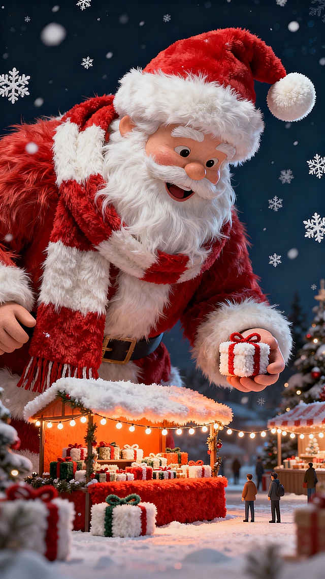 3D卡通风格圣诞场景，毛发生长质感的圣诞老人手持礼物，微缩艺术风市集温暖灯火，重拟物设计营造梦幻温馨的节日氛围。