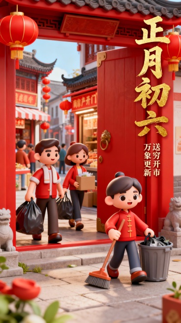 参考这两张图片的风格样式及布局，按照中国传统民俗，制作除夕到初七的新春民俗套图，共八张预览效果