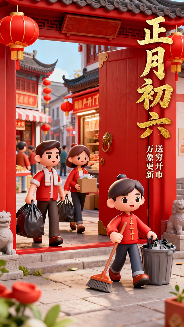 参考这两张图片的风格样式及布局，按照中国传统民俗，制作除夕到初七的新春民俗套图，共八张