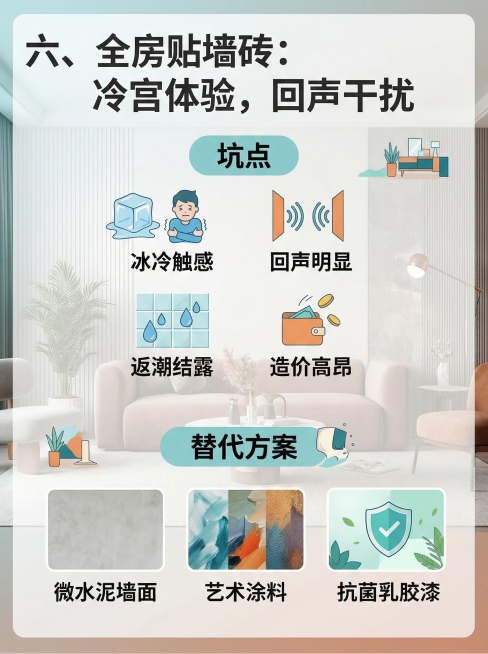装修避坑海报，标题"六、全房贴墙砖：冷宫体验，回声干扰"，内容列出坑点：冰冷触感、回声明显、返潮结露、造价高昂，给出替代方案：微水泥墙面、艺术涂料、抗菌乳胶漆，现代简约设计，家居背景预览效果