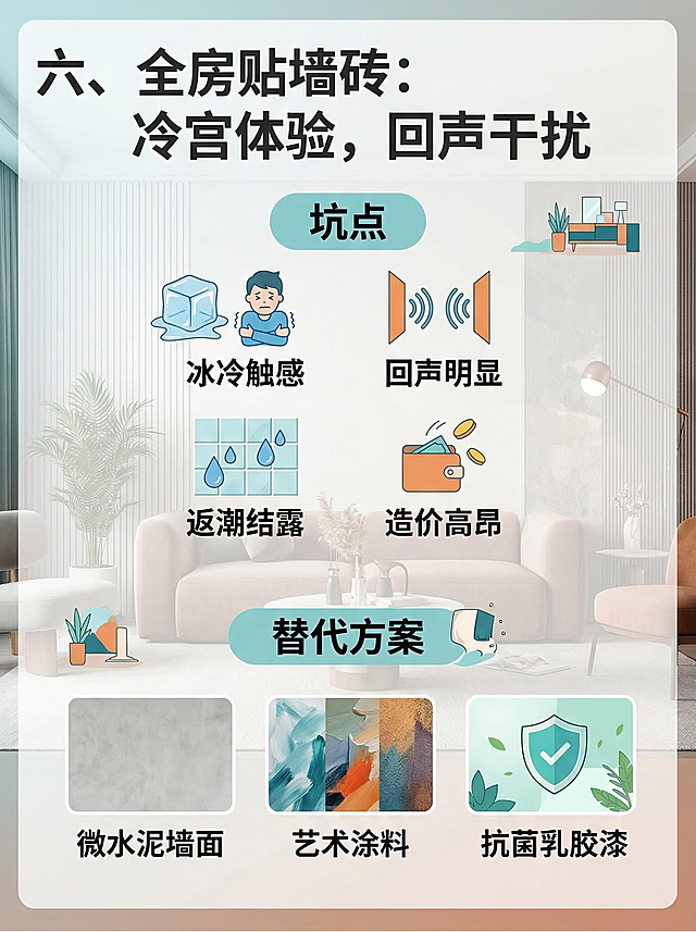 装修避坑海报，标题"六、全房贴墙砖：冷宫体验，回声干扰"，内容列出坑点：冰冷触感、回声明显、返潮结露、造价高昂，给出替代方案：微水泥墙面、艺术涂料、抗菌乳胶漆，现代简约设计，家居背景