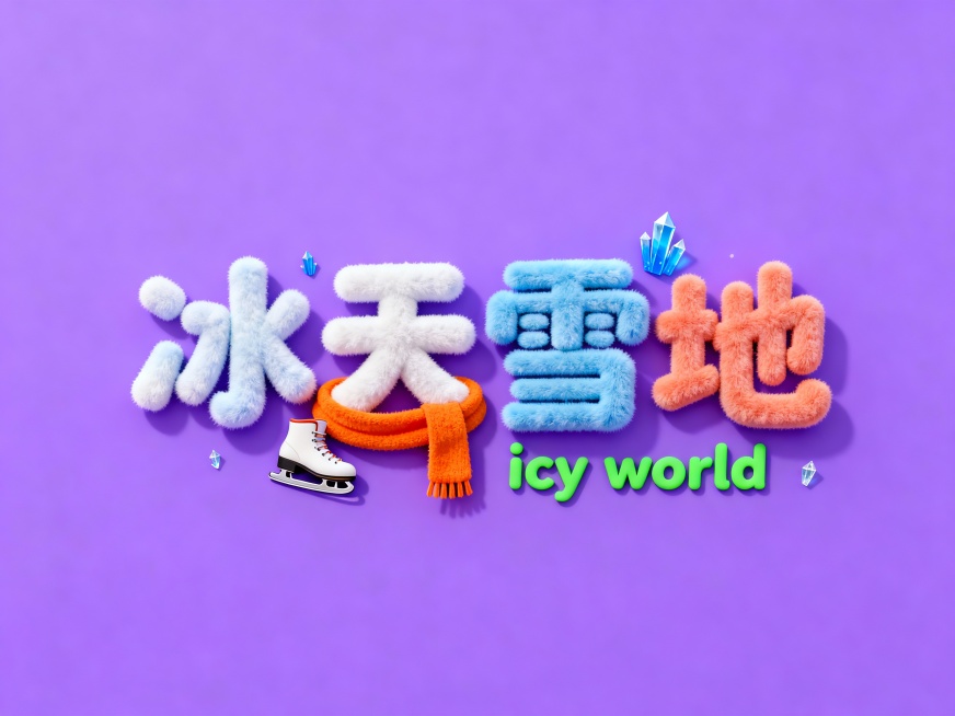 胖乎乎的毛绒质感的童趣立体字体设计 “冰天雪地”（每个字颜色不一样）。绿色英文 “icy world” 小字。字体上装饰冰鞋、橙色围巾、蓝色冰棱等小元素，背景紫色，梦幻配色预览效果