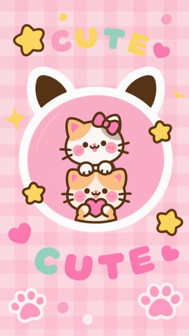 可爱卡通风格的粉色系背景，整体采用浅粉色格子图案，营造出温馨甜美的氛围。画面中央是一个猫耳朵形状的白色边框，边框内有两只可爱的卡通小猫：上方是一只戴着粉色蝴蝶结、脸颊泛红的小猫，下方是一只抱着粉色爱心、同样脸颊泛红的小猫。周围点缀着黄色星星、彩色字母“CUTE”、粉色爪印和小爱心等装饰元素，整体构图充满童趣和可爱感，线条圆润柔和，色彩明快和谐，充满欢乐愉悦的情感。预览效果