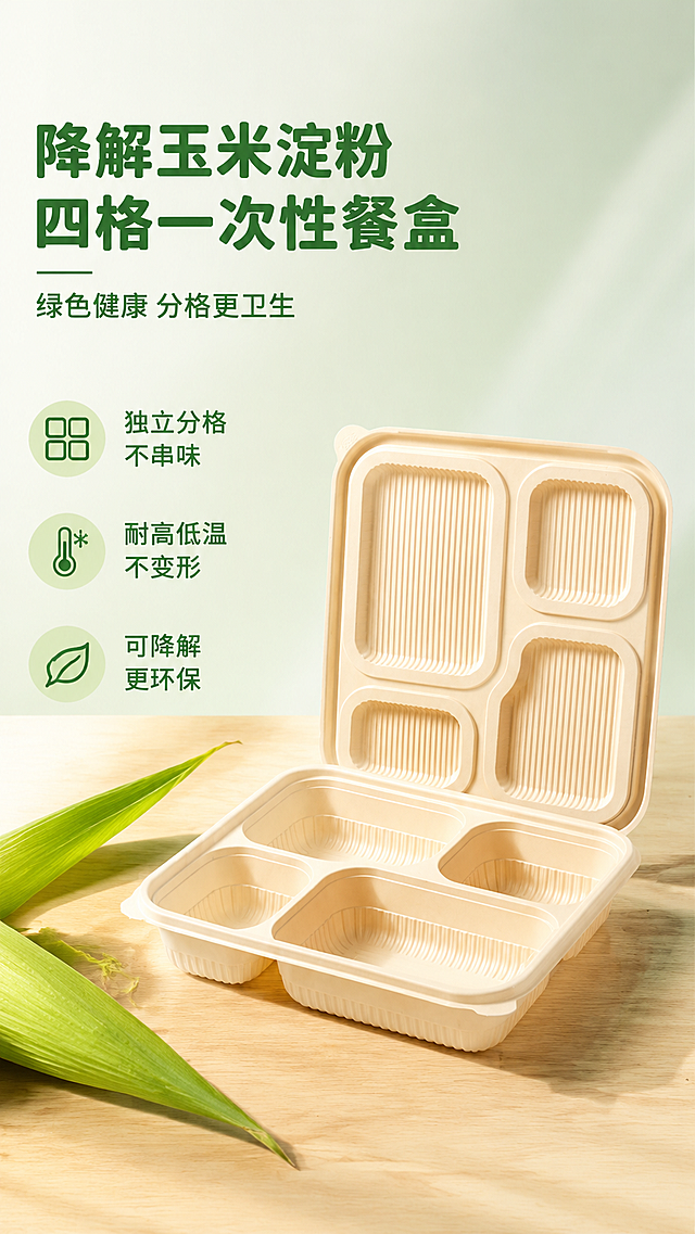 使用电商详情页技能根据商品图「图片1」生成1套详情页，参考图为，商品名称为降解玉米淀粉分体四格，卖点为分格设计、美食不串味，耐高低温不变形，，适配平台为拼多多，图片比例为9:16，需求屏数为8张，模块包含绿色健康环保，其他要求为