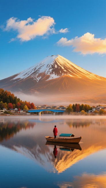 日本富士山风景摄影，高清大师级作品，雄伟的富士山山顶覆盖皑皑白雪，山体在日出或日落的暖橙色阳光照射下呈现出金黄色与深棕色的渐变，山脚有薄雾缭绕，山下是平静如镜的湖泊，湖面清晰倒映着富士山和天空的色彩，湖中有一座木制的小船，船上站着一个穿红色衣服的人，湖边有一座蓝色的桥梁横跨水面，桥后是色彩斑斓的树木和远处的小镇，天空湛蓝，飘着几朵洁白的云彩，整体画面光影对比鲜明，色彩饱和度高，构图采用经典的三……预览效果