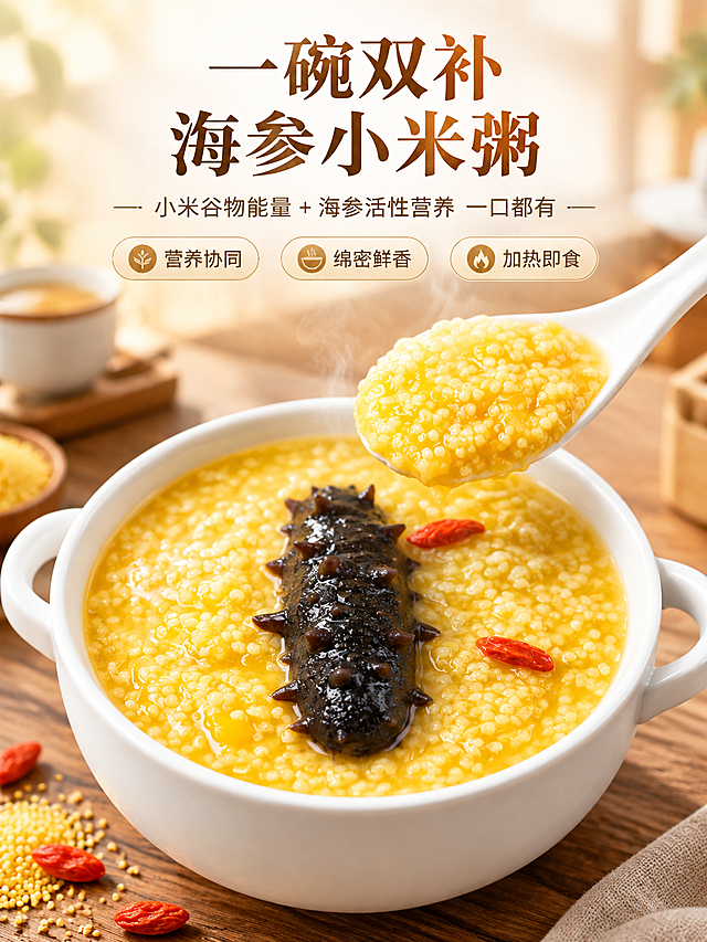 [商品] 使用【图5】成品小米海参粥效果图；保留整根黑刺海参居中、金黄色绵密小米粥、枸杞点缀、白瓷双耳碗、白色汤勺舀起粥粒的结构与颜色；增强粥体绵密光泽、海参颗粒质感与热气腾腾的食欲感，不改变产品形态。
[画面] 食欲氛围头图，场景氛围型。目标：第一眼建立高端养生粥的食欲冲击与场景代入。构图：上文下图，上方留白放标题，下方主体白瓷碗占画面65%，碗中海参正对观众，汤勺从右上方舀起粥体悬于碗上方，粥粒饱满挂勺；前景散落几粒枸杞与小米，中景木质餐桌纹理，后景虚化晨光厨房/餐厅暖光环境，带淡淡蒸汽升腾；≥3层环境元素（餐桌、虚化餐具、晨光）。
[视觉] 套系策略：风格=国内电商高端养生食品商业摄影风，暖调有食欲；标题字=中式衬线粗体，厚重有质感；正文字=现代简洁无衬线体；主色=暖金+米杏；背景延展=基于暖金、米杏做深浅层级渐变，搭配木质、布艺、陶瓷质感；强调色=枸杞红，仅用于小面积图标、引线和重点标签；标题色=深棕金；正文色=暖深灰；组件=圆角浅金信息卡、细金线引线、中式小图标；光影=左前侧暖柔光，侧逆光勾出粥体与海参轮廓，蒸汽通透。
[文字] 上方居中主标题「一碗双补 海参小米粥」，副标题「小米谷物能量 + 海参活性营养 一口都有」，下方配3个短卖点胶囊「营养协同」「绵密鲜香」「加热即食」；文字均为横排，不遮挡碗中海参与粥体主体。
[规格] 图片比例3:4竖版，分辨率4K，quality=medium；避免变形、错字、文字过小、冷蓝背景、粥体颜色改变、海参形态失真、无蒸汽无食欲感。