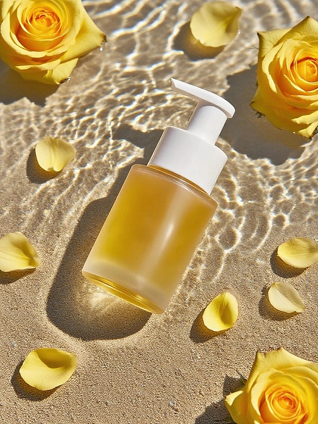 俯拍视角，重新打光的产品置于（波光粼粼的水面下，米色细沙上），周围环装饰着新鲜黄玫瑰，嫩黄的玫瑰花瓣散落在水面上，渲染出层次感的色调，明暗对比强烈，使用逼真的灯光和色彩运用