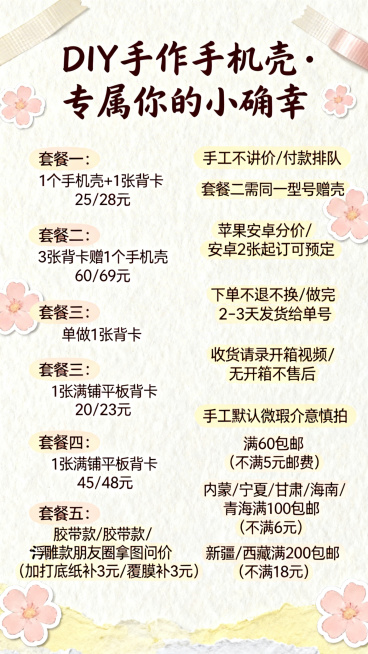 完整包含所有DIY手作手机壳信息的竖版宣传海报，包含全部套餐价格：套餐一1个手机壳+1张背卡25/28元，套餐二3张背卡赠一个手机壳60/69元，套餐三单做一个背卡20/23元，套餐四1张满铺平板背卡预览效果