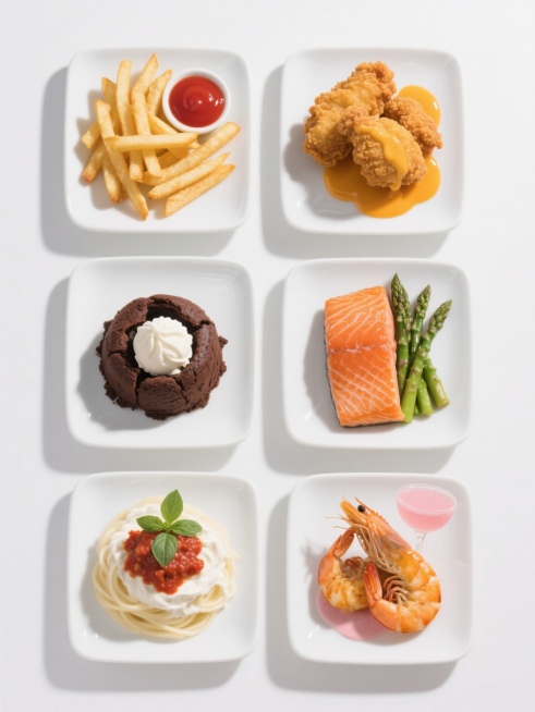 白色背景上，六宫格规整排布的系列美食素材集合，每张图片保持超写实摄影风格，高分辨率，清晰的光影效果，柔和的顶部光源，自然的阴影，突出食物的质感和细节，第一张是金黄酥脆的薯条配红色番茄酱，第二张是金黄炸鸡块配橙黄色蜂蜜芥末酱，第三张是深棕色巧克力熔岩蛋糕配白色香草冰淇淋，第四张是橙红色烤三文鱼配绿色芦笋，第五张是白色奶油意面配红色番茄肉酱和绿色罗勒叶，第六张是金黄烤虾配粉红色鸡尾酒酱，所有食物均……预览效果