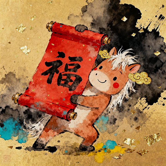水墨与水彩交融，拟人小马手捧“福”字卷轴，鎏金点缀，喜庆卡通风，萌趣十足，春节氛围浓厚。